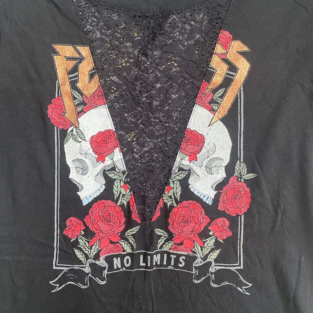 Express Brand New black graphic short sleeve tee with lace deep V insert. Size S